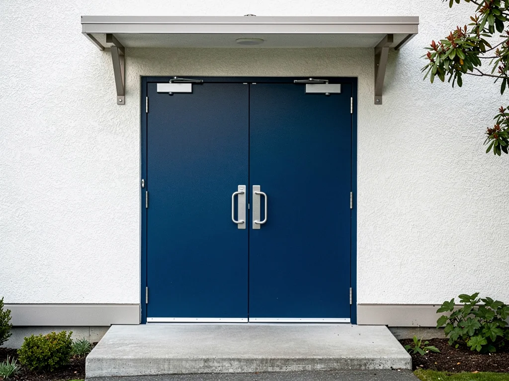 Blue steel commercial double doors with silver hardware and an off-white stucco exterior.