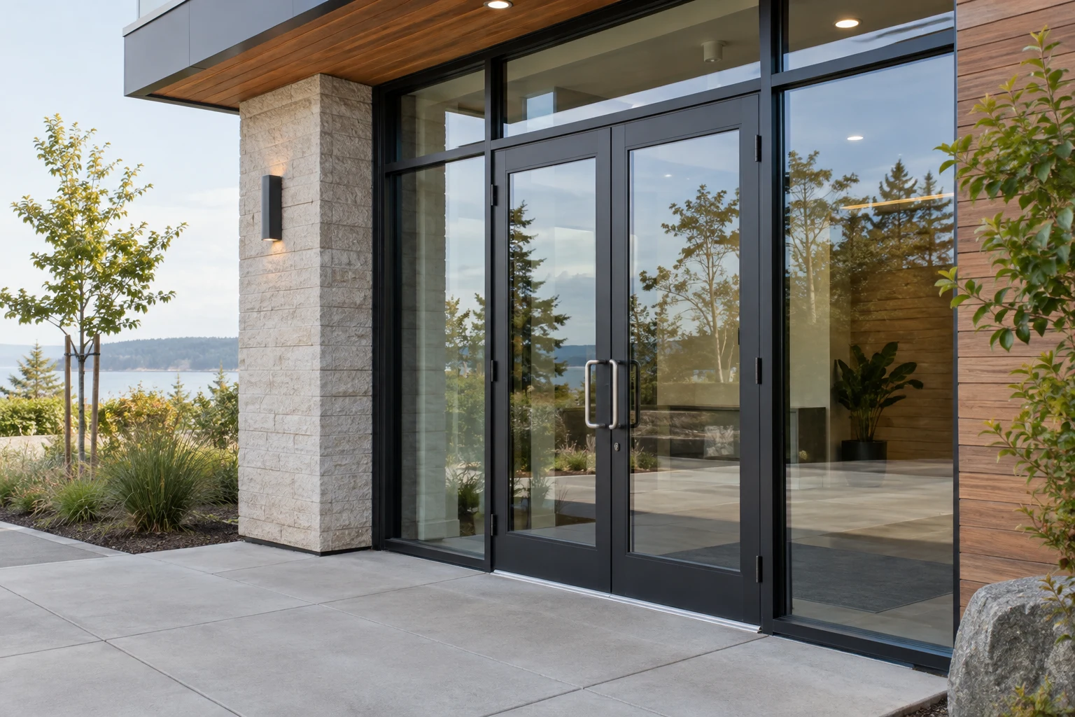 Contemporary commercial glass entry doors in dark aluminum frames