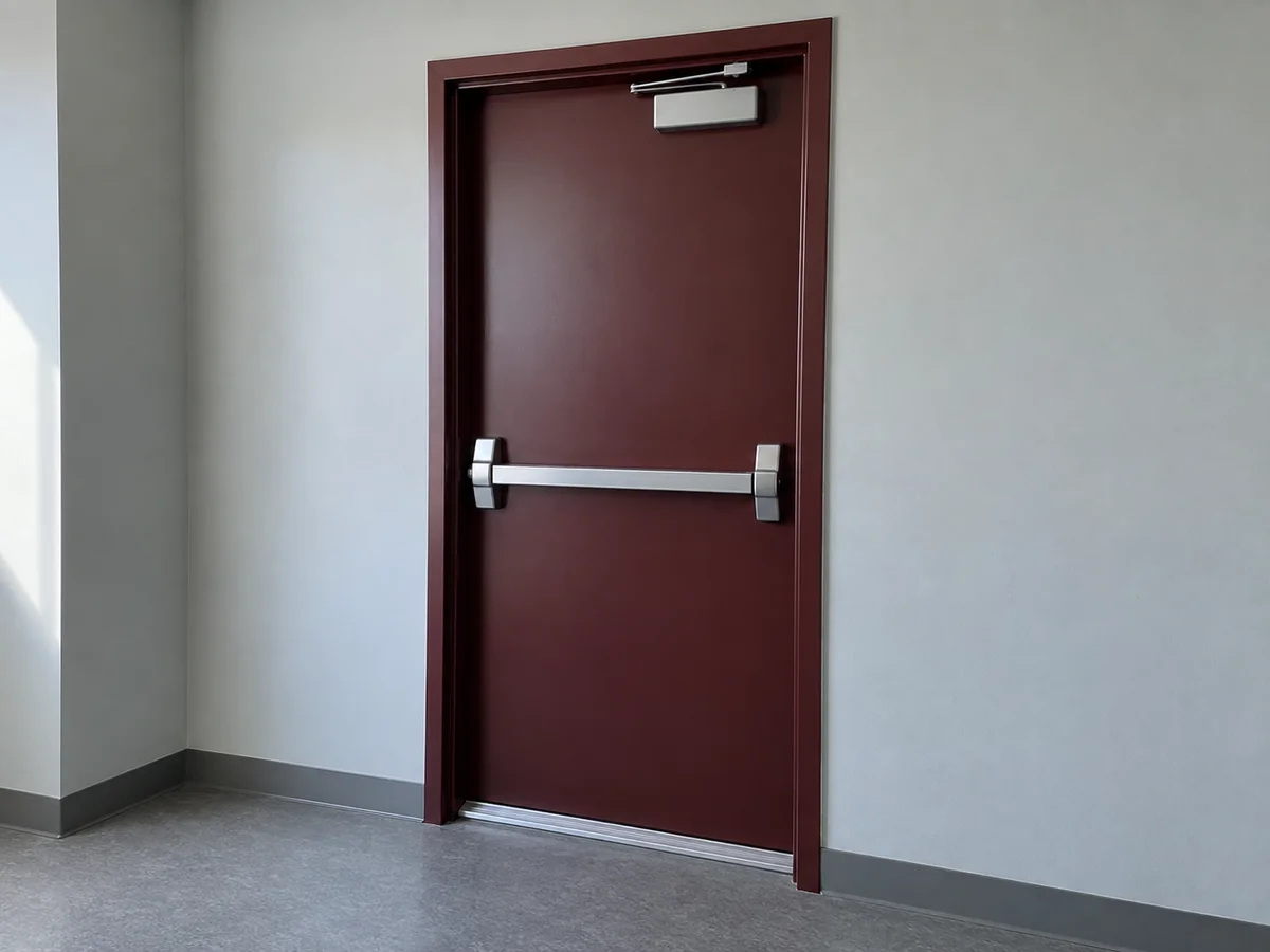 Burgundy steel corridor door with a silver push bar and overhead closer.