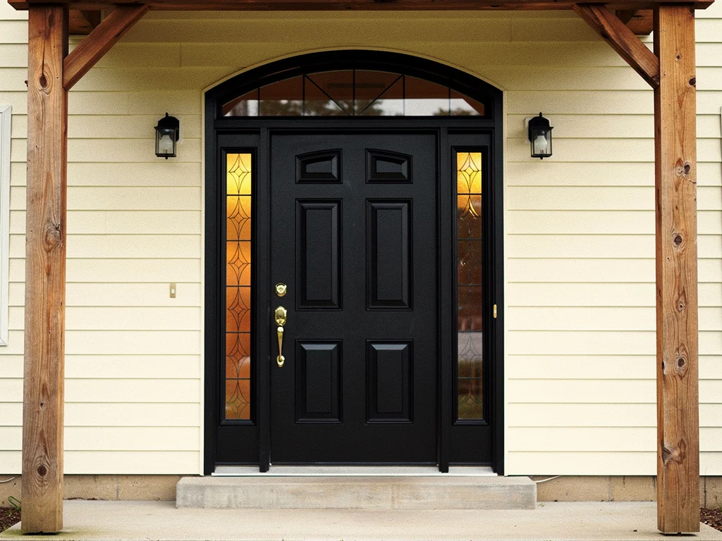 Black six-panel front door with two amber sidelights and a matching arched transom.