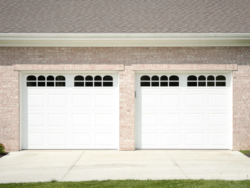 Two white sectional garage doors with gridded top windows in a brick bungalow.