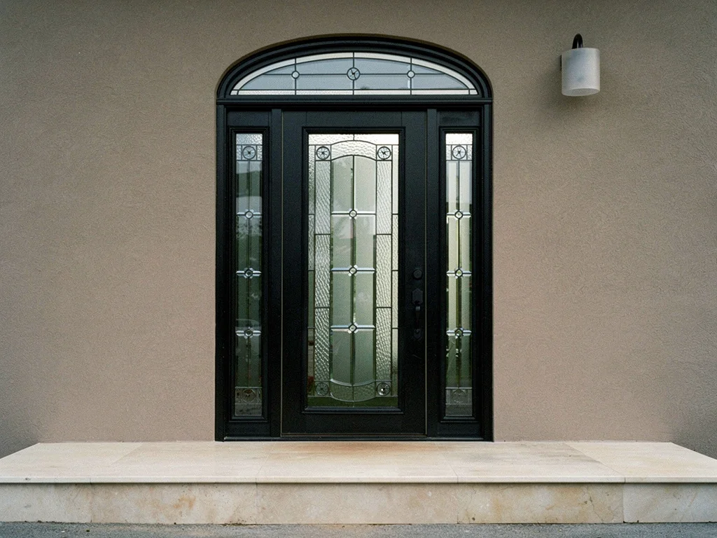 Black entry door with decorative leaded glass, two sidelights and an arched transom.