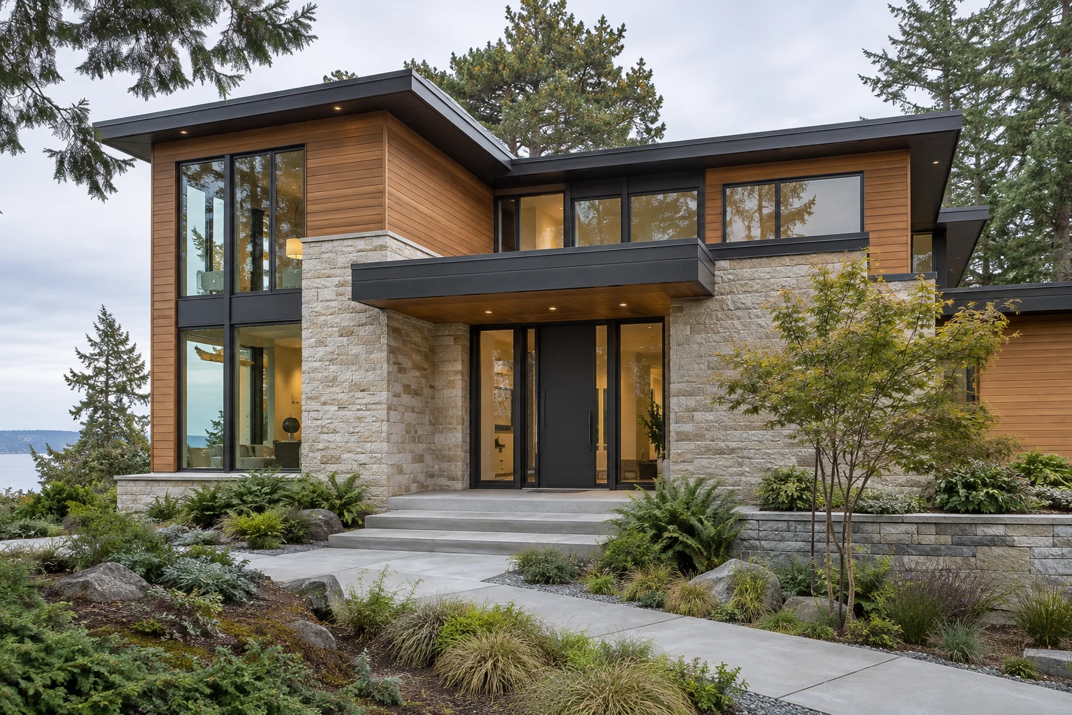Architectural concept: a modern West Coast home with cedar siding and a charcoal entry door