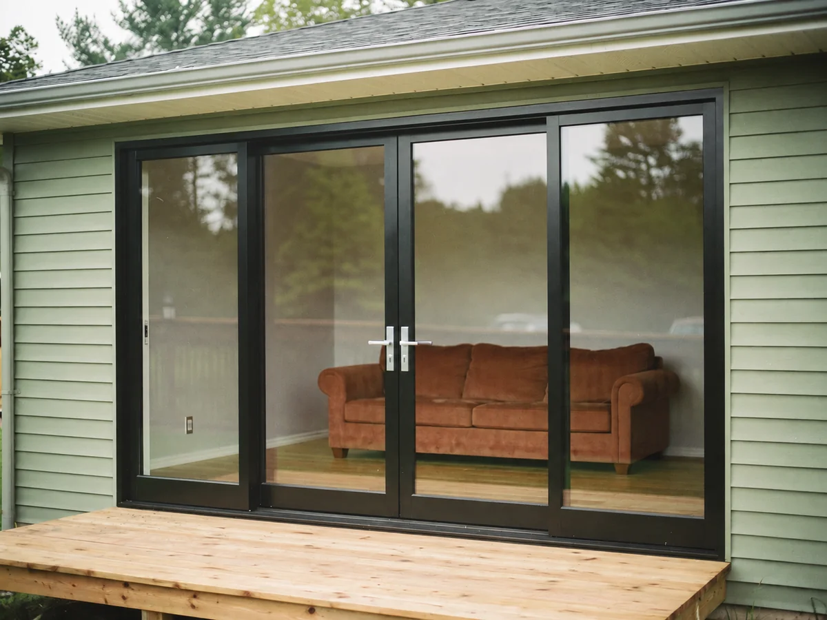 Black four-panel patio glazing with central French doors and fixed side panels.