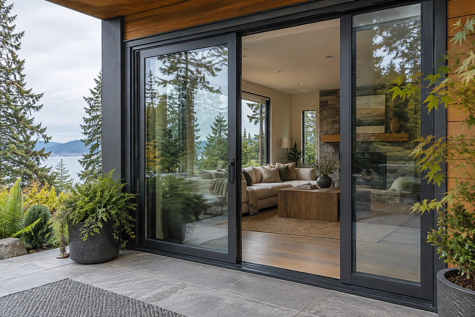 Sliding glass patio doors connecting a living room to a leafy garden