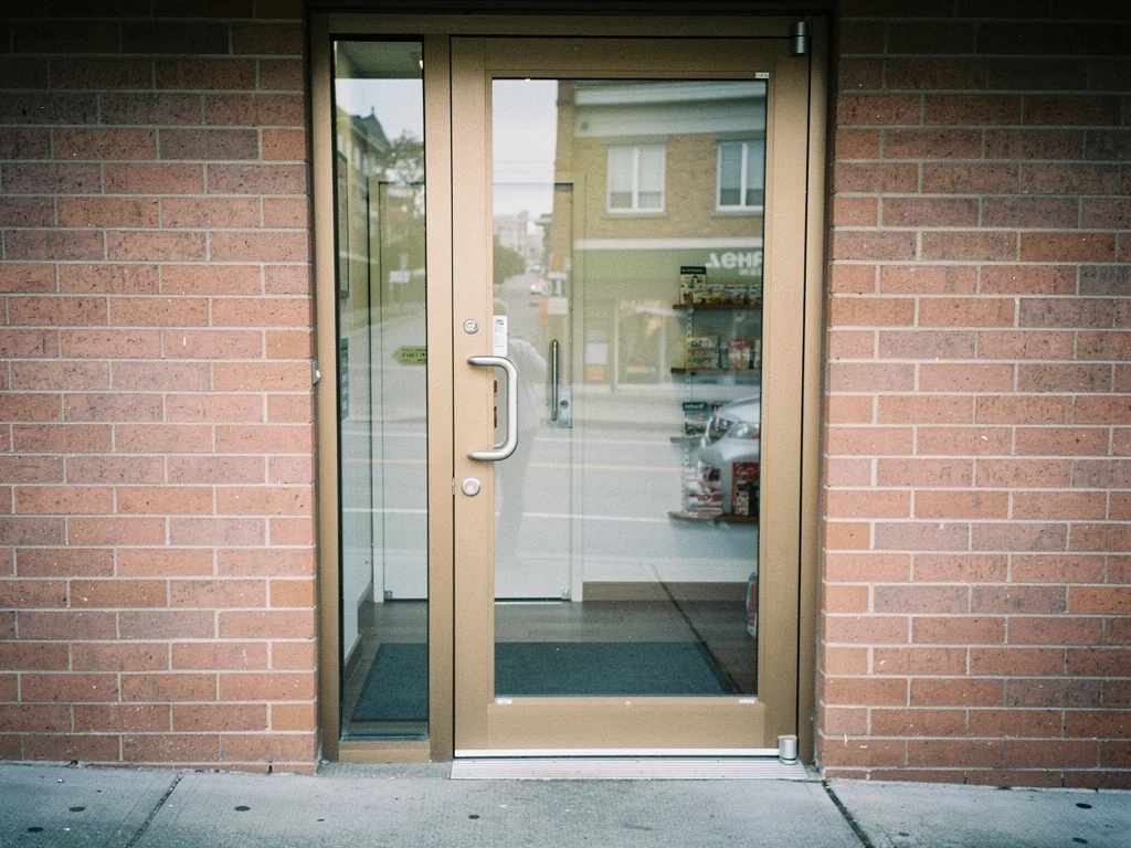 Bronze aluminum storefront door with clear glazing and a narrow matching sidelight.